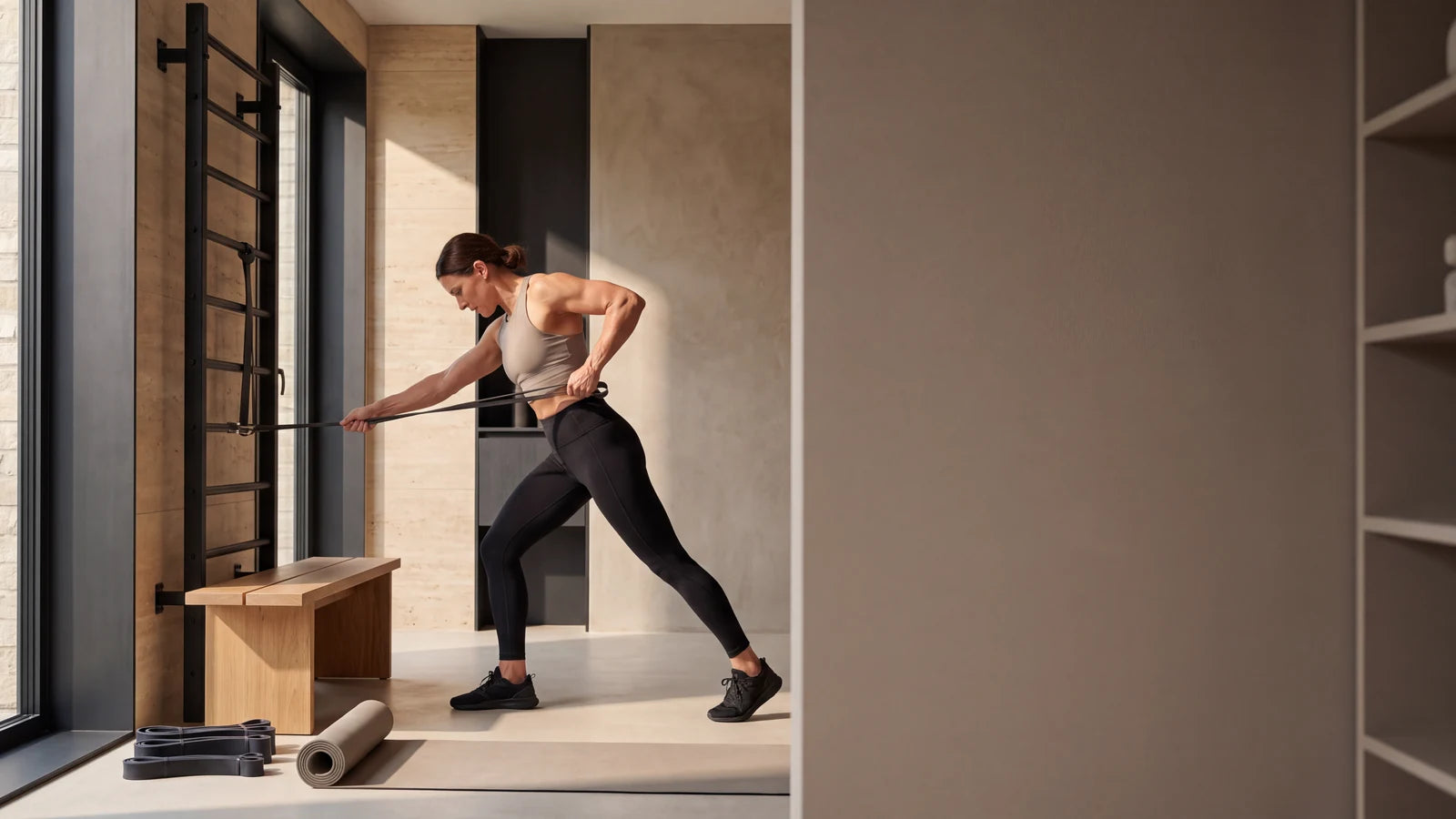 A resistance-band workout in a light-filled home training space